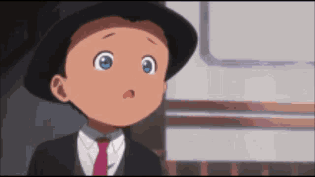 a boy with blue eyes wearing a hat and tie looks surprised