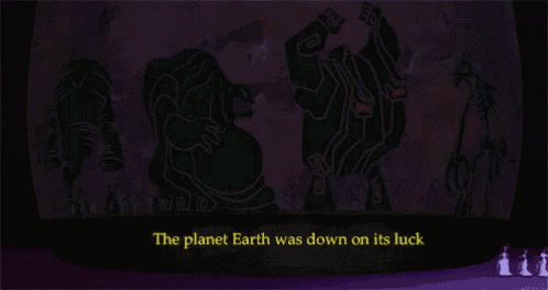 the planet earth was down on its luck written in yellow on a purple background