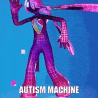 a cartoon character is standing in front of a blue background with the words autism machine written below it .