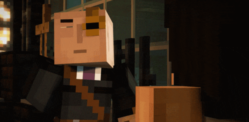 a minecraft character with a yellow eye and a purple shirt