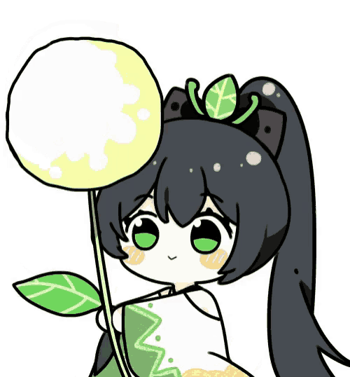 a drawing of a girl with black hair and green eyes holding a dandelion