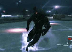 a man in a black suit is running on a ice rink