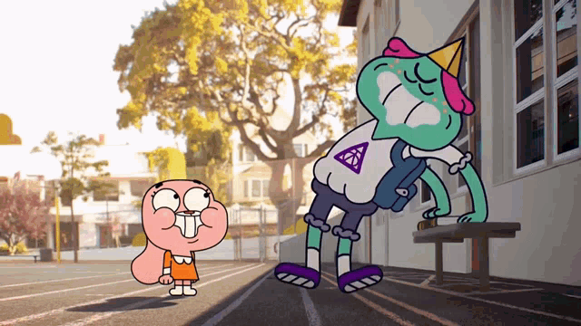 a cartoon character with a triangle on his shirt is standing next to another character