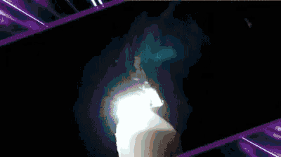 a woman in a black dress is dancing in a dark room with purple lights .