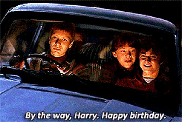 three boys in a car with the words by the way harry happy birthday written on the bottom