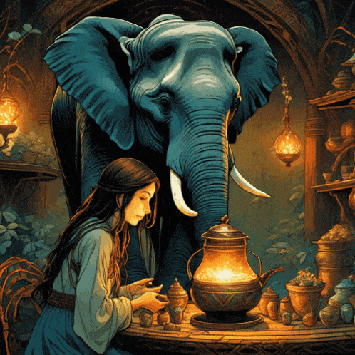 a woman sits at a table with an elephant and a teapot