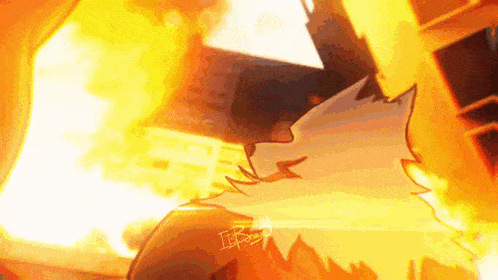a cartoon character is standing in front of a fire