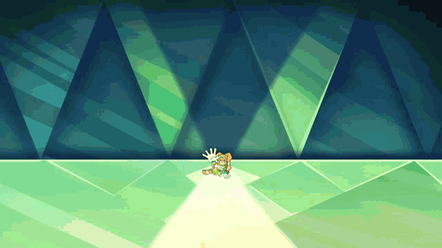 a cartoon character is standing in front of a wall with triangles