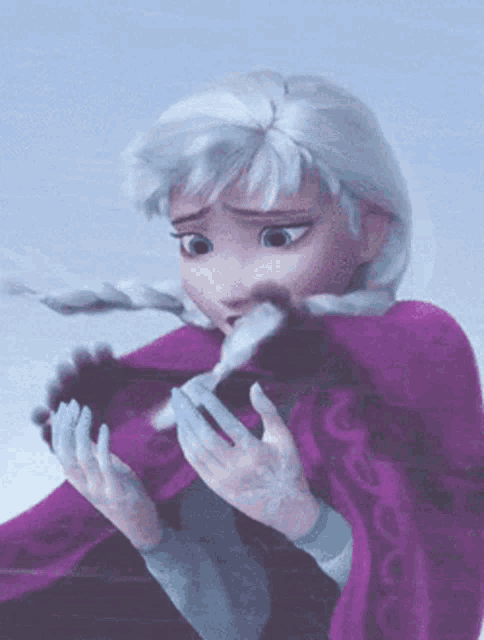 anna from the movie frozen is wearing a purple cape and gloves