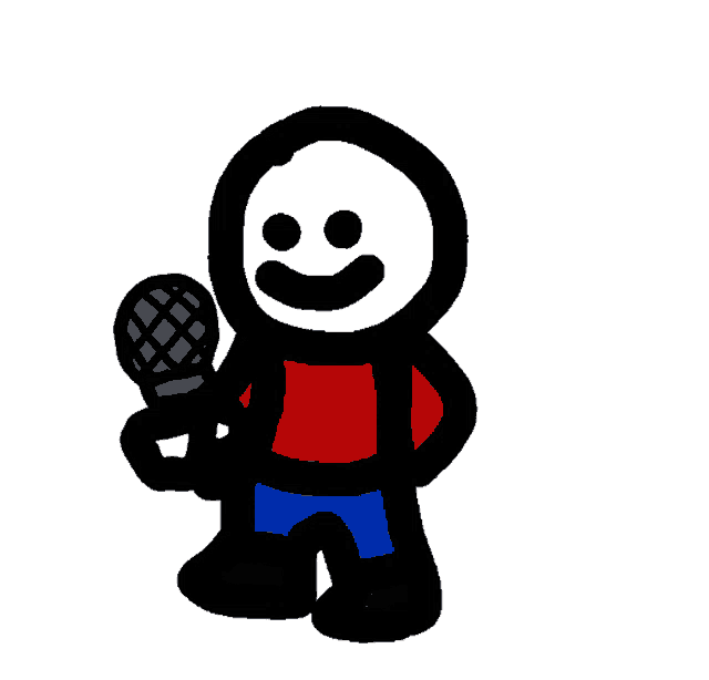 a cartoon character with a smiley face is holding a microphone .