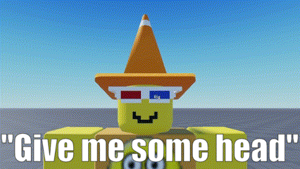 a cartoon character with a cone on his head and the words " give me some head "