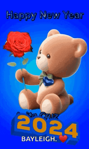 a teddy bear holding a red rose with the year 2024