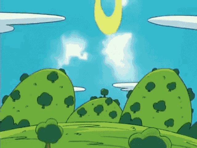a cartoon landscape with trees , hills and a blue sky