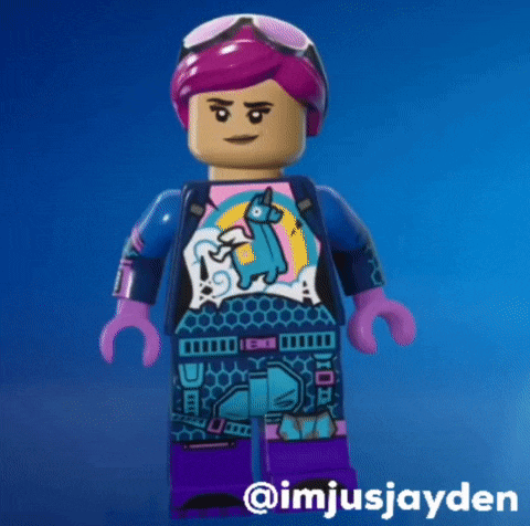 a lego minifigure with purple hair and a purple glove