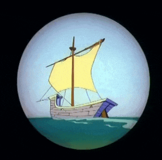 a cartoon boat with a yellow sail is floating in the water