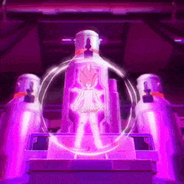 a cartoon character is standing in front of a large purple bottle