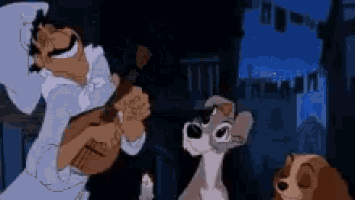 a cartoon character is playing a guitar while a dog watches .