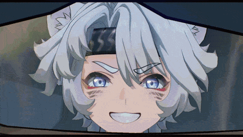 a close up of a person 's face with white hair and blue eyes