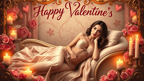 a woman is laying on a couch with candles and roses with the words happy valentine 's written above her
