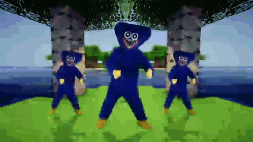 a group of blue monsters are dancing in a video game .
