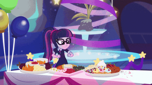 twilight sparkle from my little pony equestria girls stands in front of a table full of food