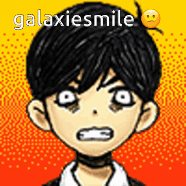 a pixel art of a boy with a sad face and the words galaxiesmile below him