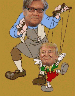 a cartoon drawing of a man holding a puppet with donald trump 's face on it