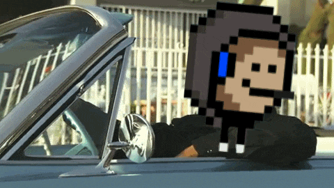 a pixel art of a man driving a car with a headset on