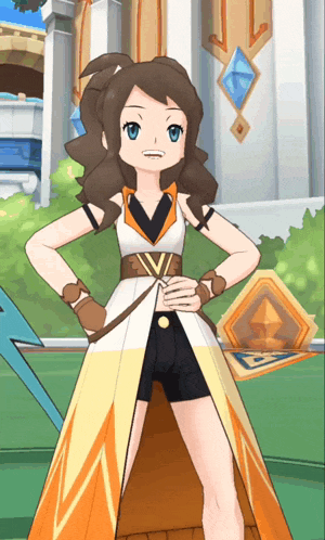 a girl in a white and orange dress stands with her hands on her hips in front of a building