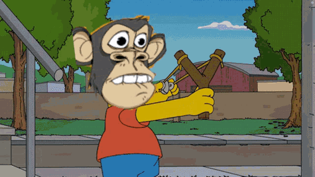 a cartoon character is holding a slingshot in his hand