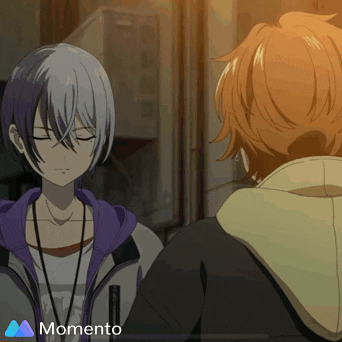 a couple of anime characters standing next to each other with the word momento in the upper right corner