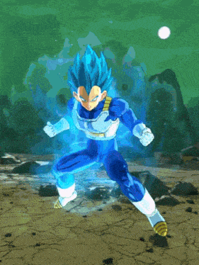 a cartoon character with blue hair is standing on a rocky surface