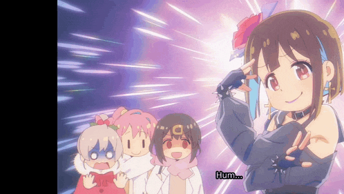 a group of anime girls are standing next to each other and one girl says hum