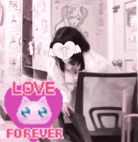 a girl with a heart on her head is sitting in front of a sign that says " love forever "