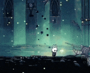 a cartoon character with horns is standing in a dark room with columns