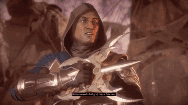 a video game character is holding a sword and says better to wed a half god than a fake one