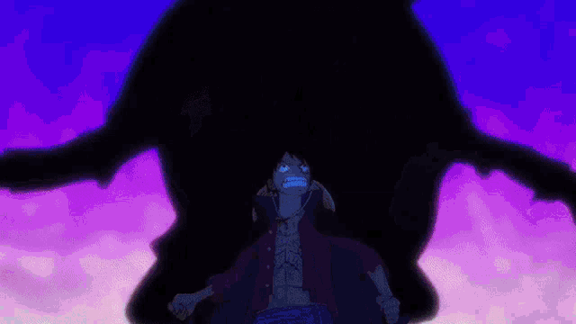 a cartoon character with a purple and blue sky in the background