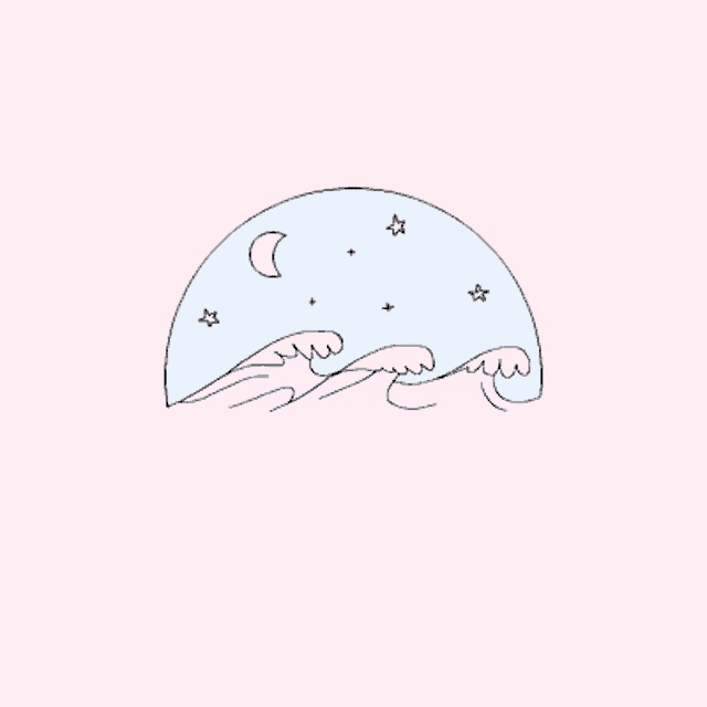 a line drawing of waves , a crescent moon , and stars on a pink background .