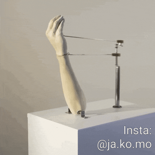a statue of a hand on a white cube with insta @ ja.ko.mo written below it