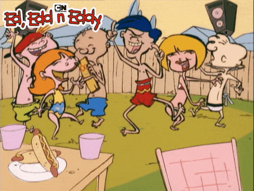 a cartoon of ed edd and eddy dancing in a yard