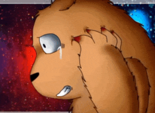 a cartoon drawing of a bear with a tear coming out of his eye