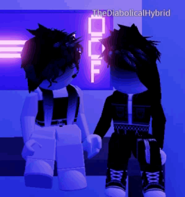 two roblox characters are standing next to each other in front of a neon sign that says df