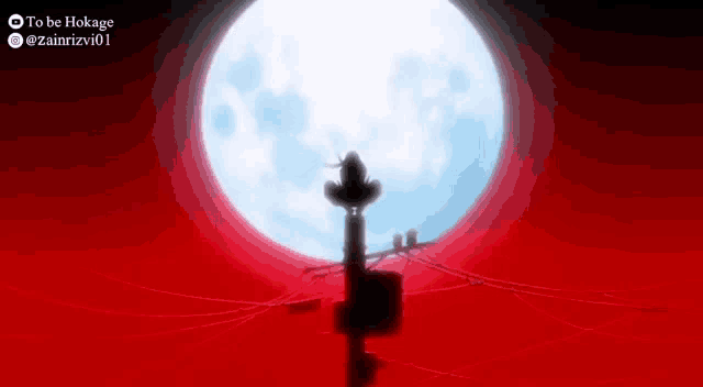 a silhouette of itachi standing in front of a full moon .