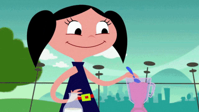a cartoon girl is making a drink with a blender and a spoon