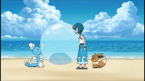 a cartoon of a girl blowing up a bubble next to two pokemon