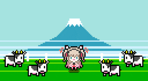 a pixel art illustration of a girl surrounded by cows