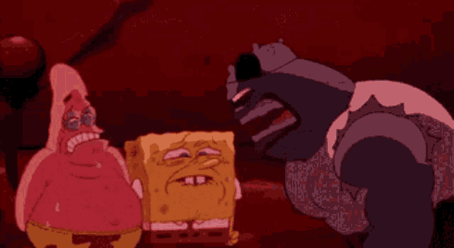spongebob squarepants is crying in a cartoon with patrick and a monster