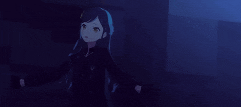 a girl in a black suit is standing in the dark holding a flashlight .