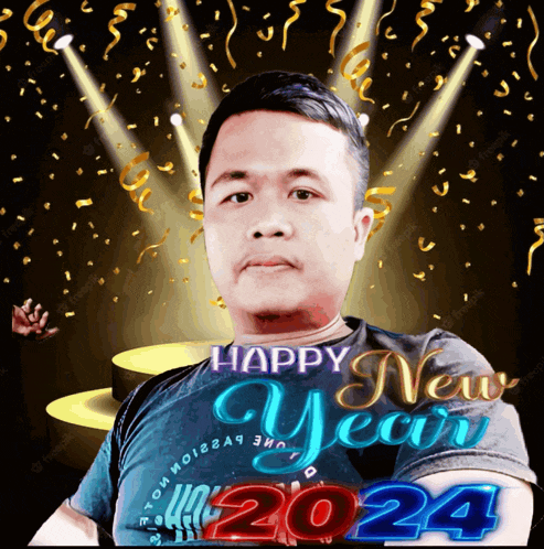 a happy new year 2024 greeting card with a man in the foreground