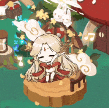 a cartoon girl is sitting on a tree stump with flowers and rabbits around her